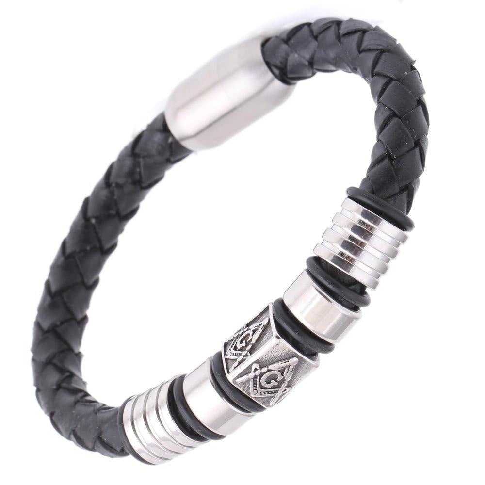 Masonic Braided Leather And Stainless Steel Bracelet Bracelets