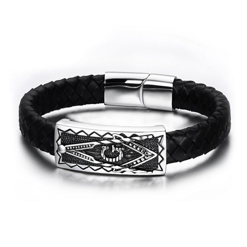 Masonic Braided Leather And Stainless Steel Faced Bracelet Bracelets